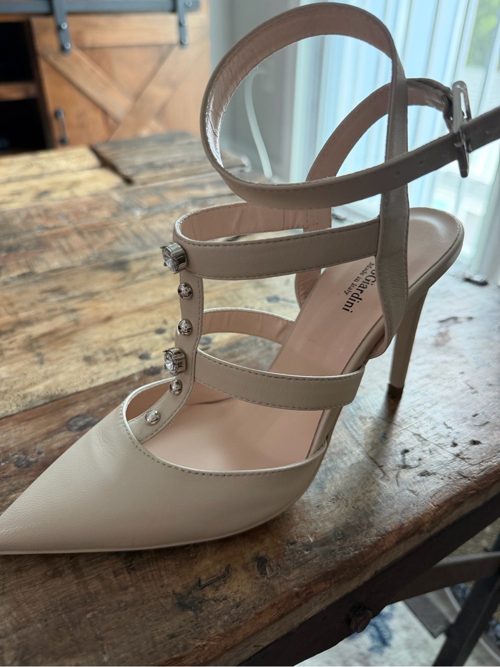 Nero Giardini Cream Pointed-Toe Strappy Heels with Gem Embellishments